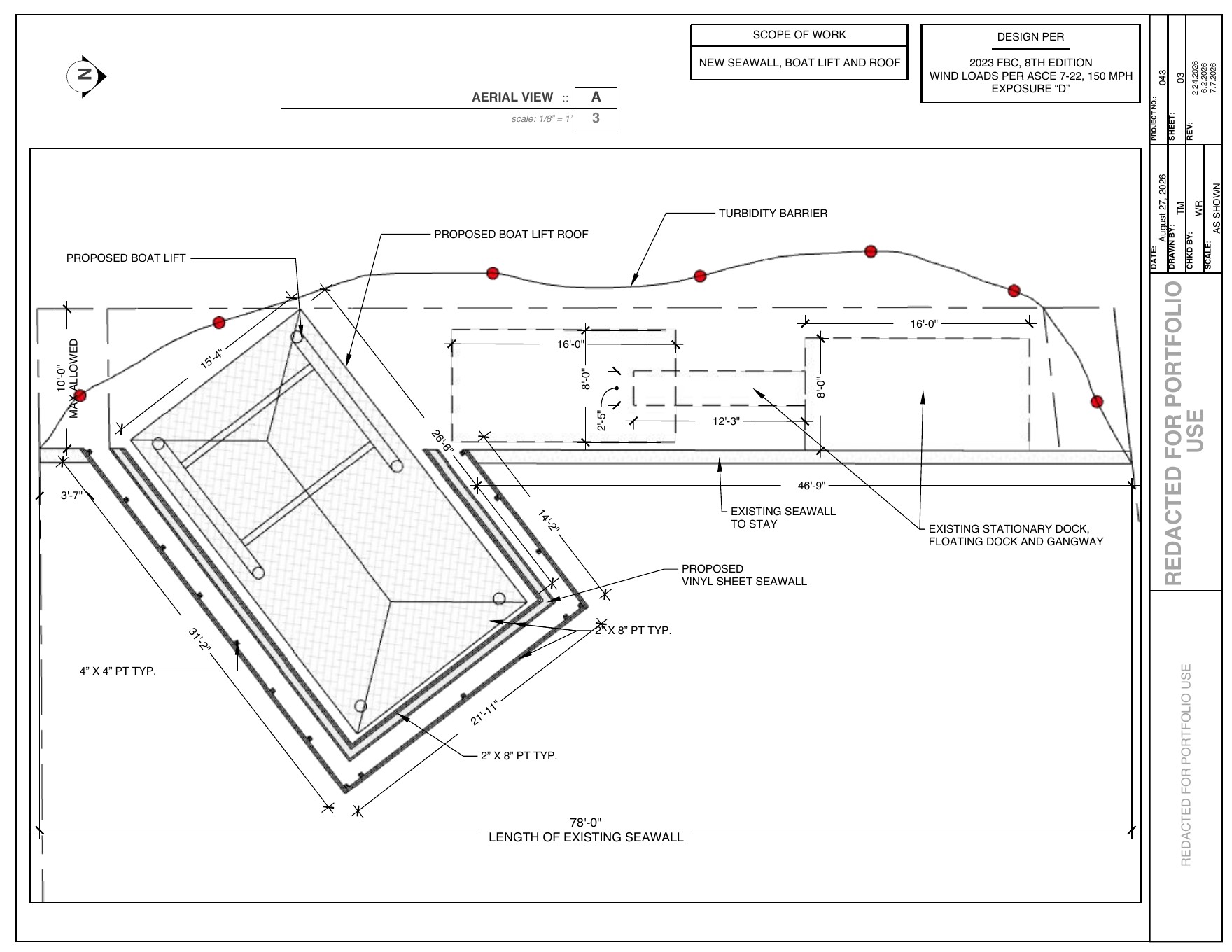 Redacted site and framing plan for boat lift, roof and seawall