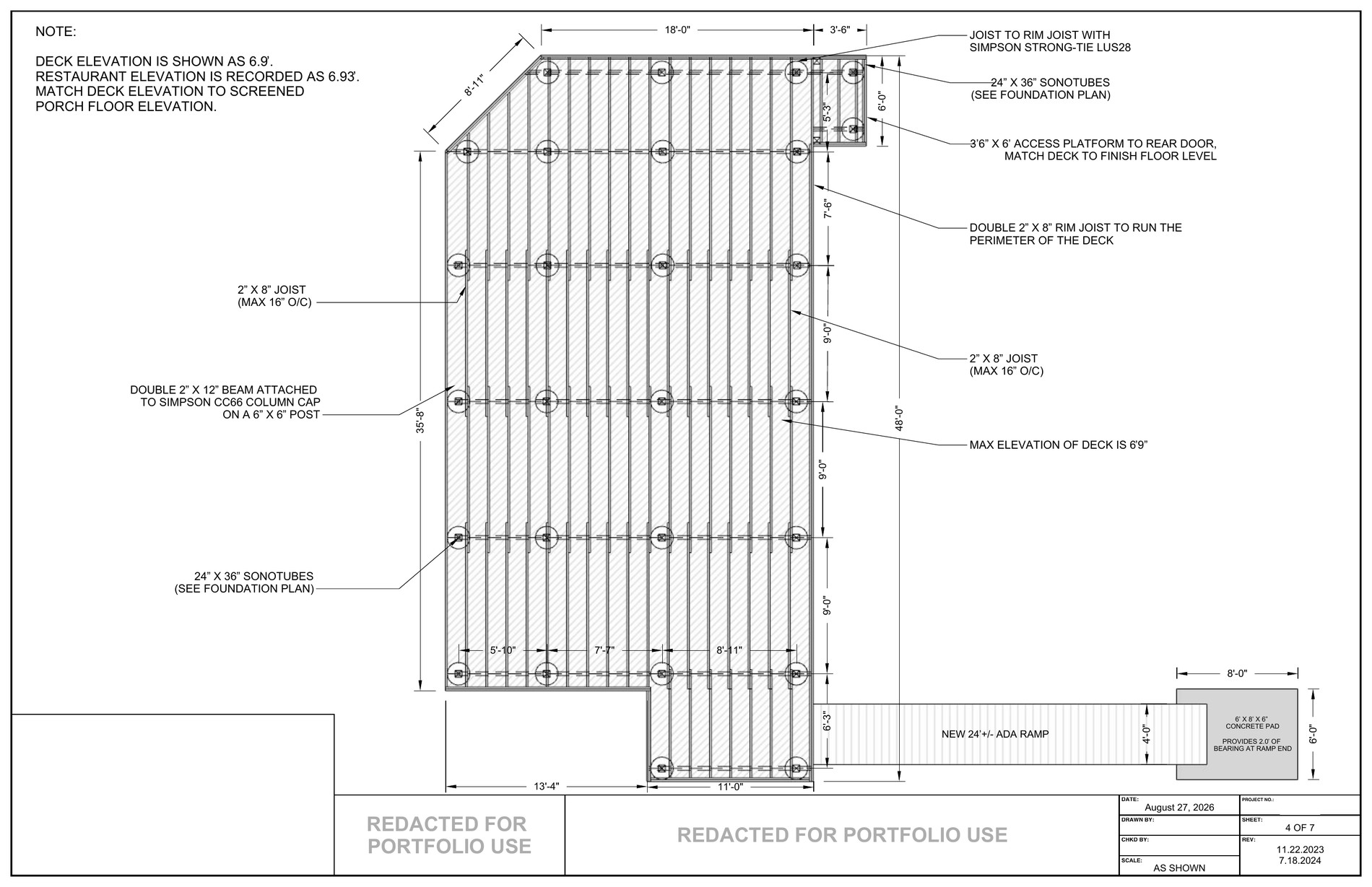 Public park deck and ADA ramp framing plan